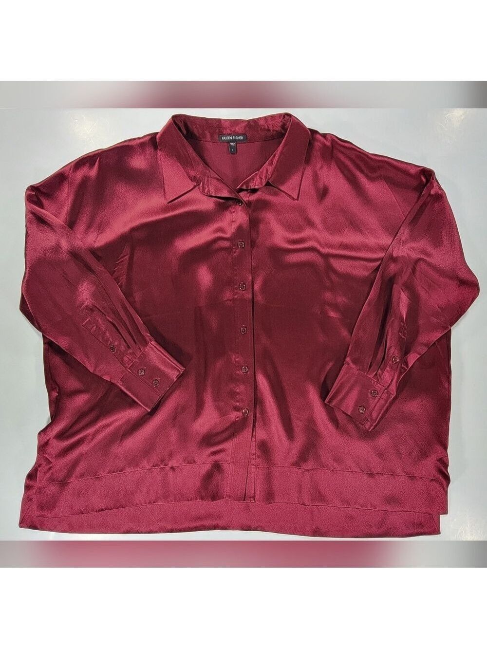 Eileen Fisher Shirt Womens Large Burgundy Silk Button Front Blouse Oversized
